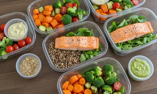 Preparación de comidas saludables: salmón, quinoa, brócoli, zanahorias y aderezos para un menú sin carbohidratos.
