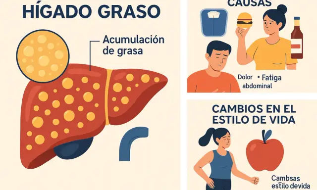 Ilustración sobre hígado graso, sus causas (obesidad, comida rápida, alcohol) y cambios en el estilo de vida para una dieta saludable.