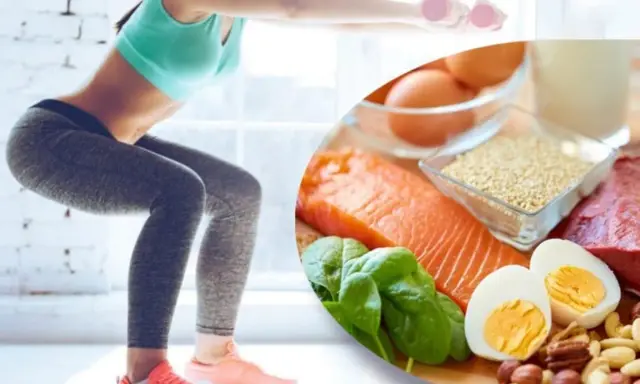 Rutina de ejercicios y alimentos para aumentar masa muscular en piernas y glúteos: salmón, huevos, carne, espinacas, frutos secos y quinoa.