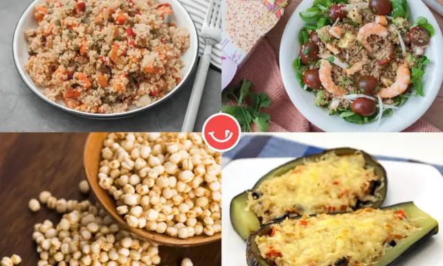 Platos variados con quinoa: ensalada con gambas, quinoa con verduras, berenjenas rellenas y granos de quinoa.