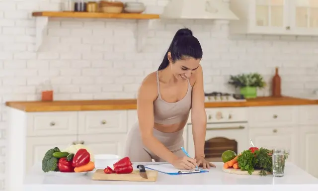 Mujer sonriente planifica su dieta vegetariana para deportistas en la cocina, rodeada de verduras frescas.
