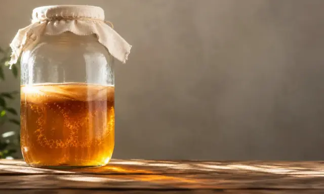 Un tarro de kombucha burbujeante, ideal para la salud digestiva. Descubre para qué es bueno la kombucha y sus beneficios.