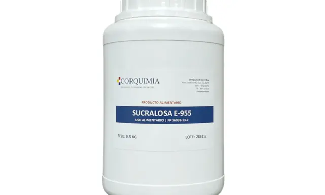 Envase de 0.5 kg de sucralosa E-955, un edulcorante apto para uso alimentario de Corquimia.