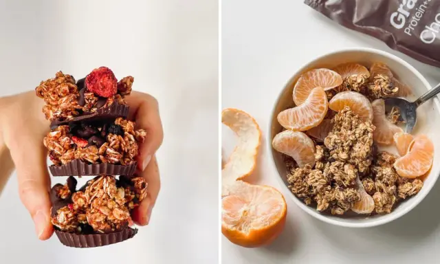 Deliciosa granola con chocolate y frutos rojos, y un tazón de granola con gajos de mandarina. ¡Así es que es la granola!
