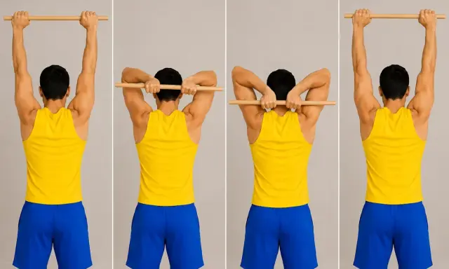 Hombre realiza estiramiento de tríceps con barra, mostrando la flexión y extensión de codos.