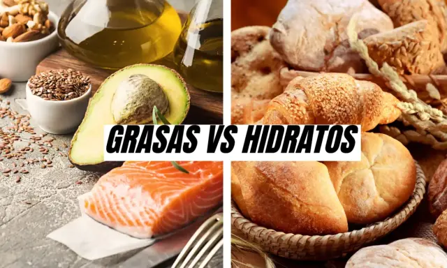 Aguacate, aceite, nueces y salmón, fuentes de grasas saludables, contrastan con panes y cruasanes, ricos en carbohidratos.