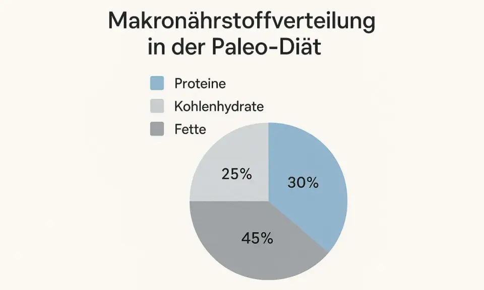 Gráfico de pastel muestra la distribución de macronutrientes en la dieta paleo: 30% proteínas, 25% carbohidratos, 45% grasas.