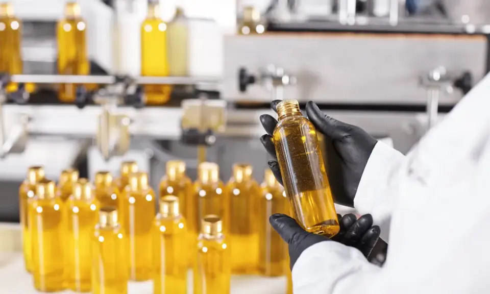 Manos enguantadas revisan botellas de líquido dorado, quizás para advertir que el aceite de girasol es malo.