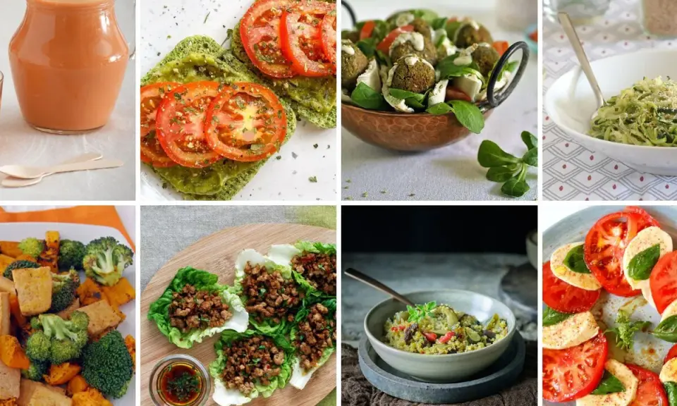 Variedad de comidas bajas en carbohidratos: gazpacho, tostadas de aguacate, falafel, pasta de calabacín, ensalada caprese, y más.