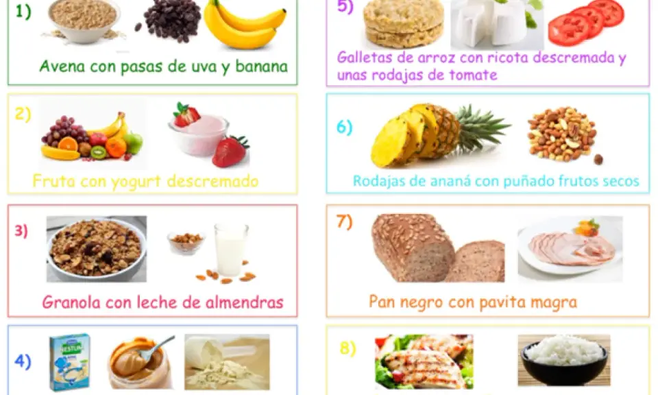 Ideas de qué comer después de entrenar para ganar masa muscular: avena, fruta, granola, pollo, pan integral y más.