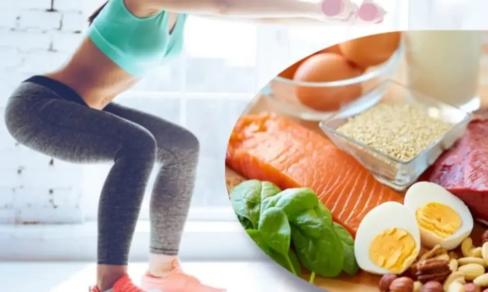 Rutina de ejercicios y alimentos para aumentar masa muscular en piernas y glúteos: salmón, huevos, carne, espinacas, frutos secos y quinoa.
