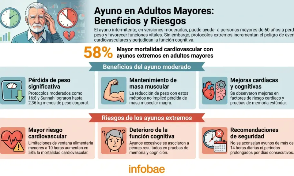 Infografía sobre ayuno intermitente en adultos mayores: beneficios (pérdida de peso, masa muscular, mejoras cardíacas/cognitivas) y riesgos (mortalidad cardiovascular, deterioro cognitivo).