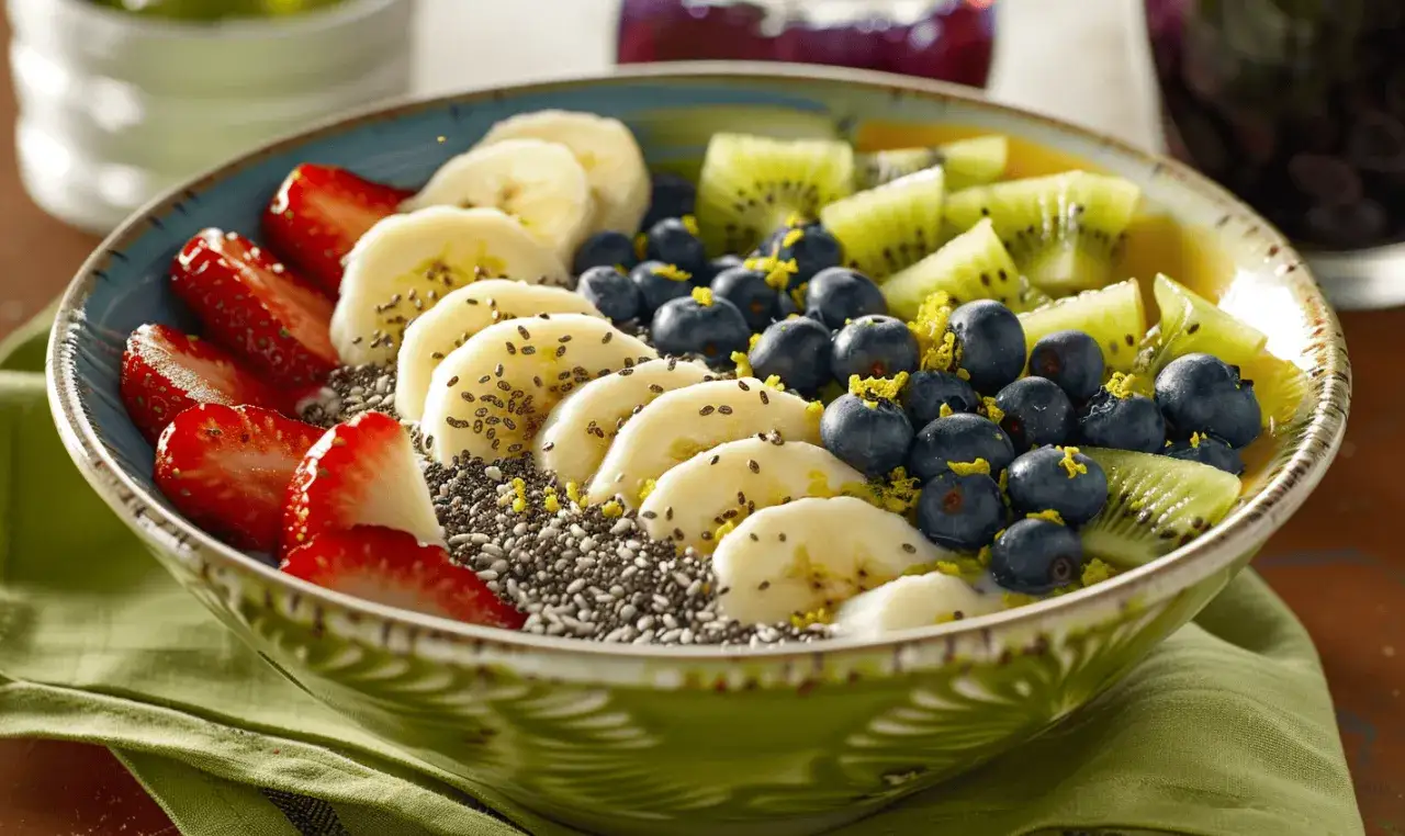 Un tazón vibrante con fresas, plátanos, arándanos, kiwi y semillas de chía. ¡Así es como se ve un delicioso açai que es!