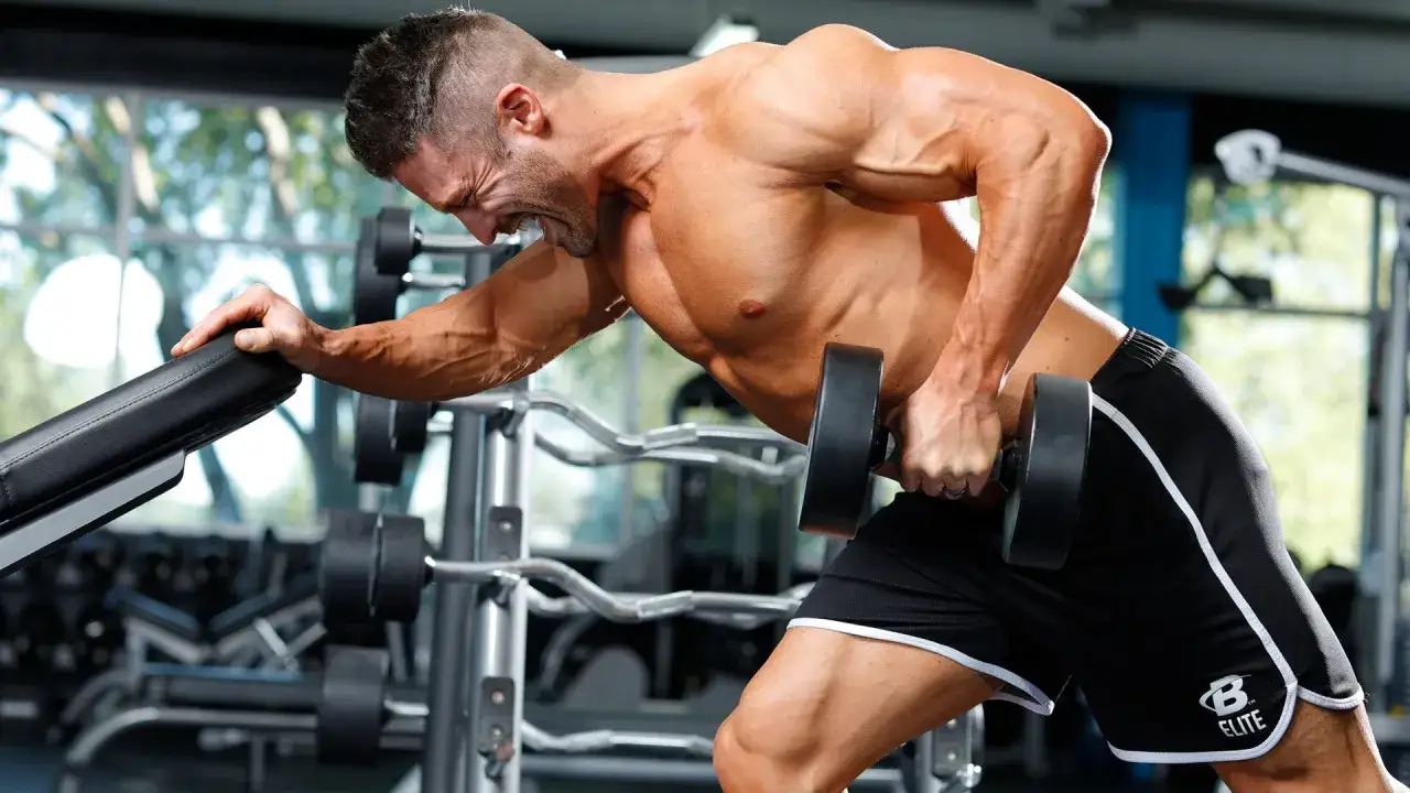 Hombre concentrado realizando remo con mancuerna, parte de su rutina de espalda gym.