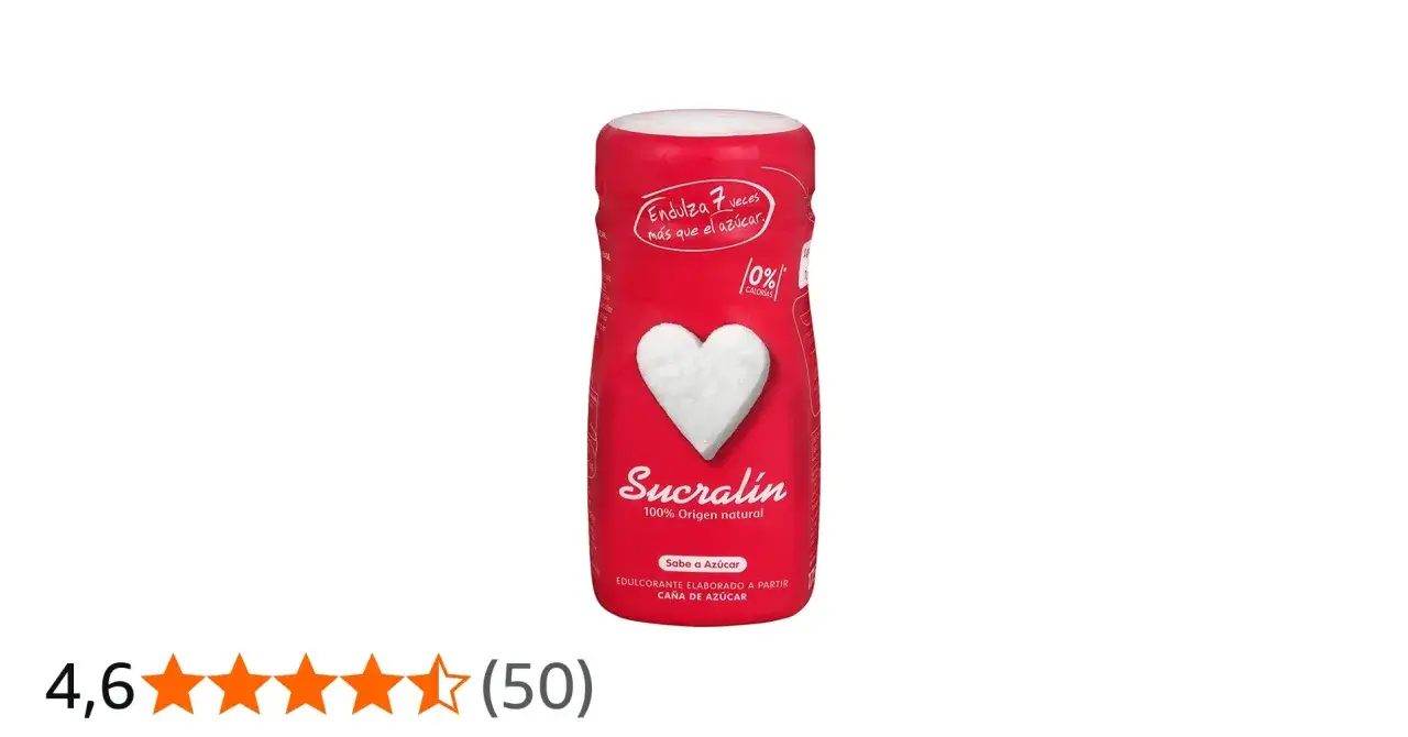 Envase rojo de Sucral&iacute;n, edulcorante 100% origen natural. Endulza 7 veces m&aacute;s que el az&uacute;car, con 0% calor&iacute;as.