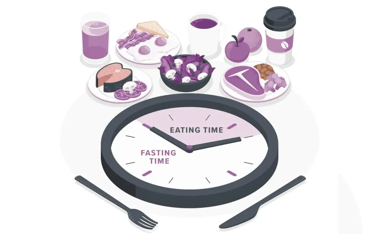 Reloj que marca el ayuno intermitente, con platos de comida y bebida alrededor.