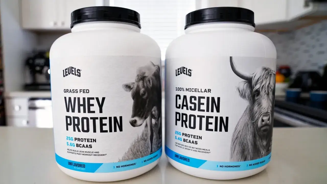Dos botes de proteína: uno de suero de leche (Whey Protein) y otro de caseína (Casein Protein), ambos de la marca Levels. El de caseína es 100% micellar, ideal para una recuperación muscular prolongada.