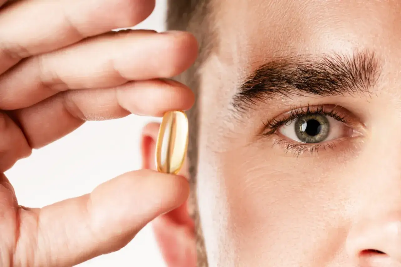 Un hombre sostiene una cápsula de aceite de pescado, destacando los omega 3 beneficios para hombres.