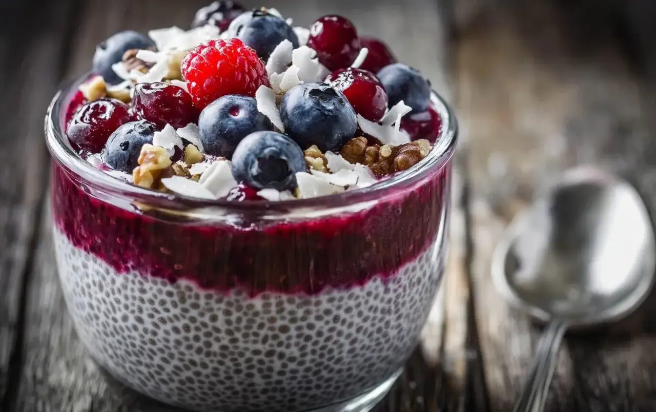 Postre de chía con frutos rojos y coco rallado, ideal para aprovechar los beneficios chia.