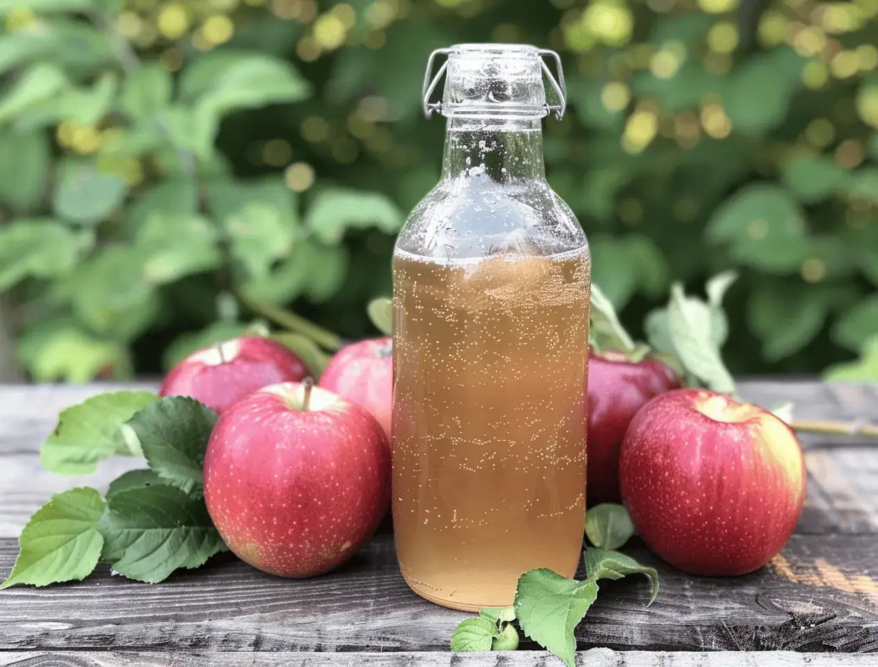 Botella de vinagre de manzana con burbujas y manzanas rojas frescas. Ideal para tomar vinagre de manzana en ayunas.