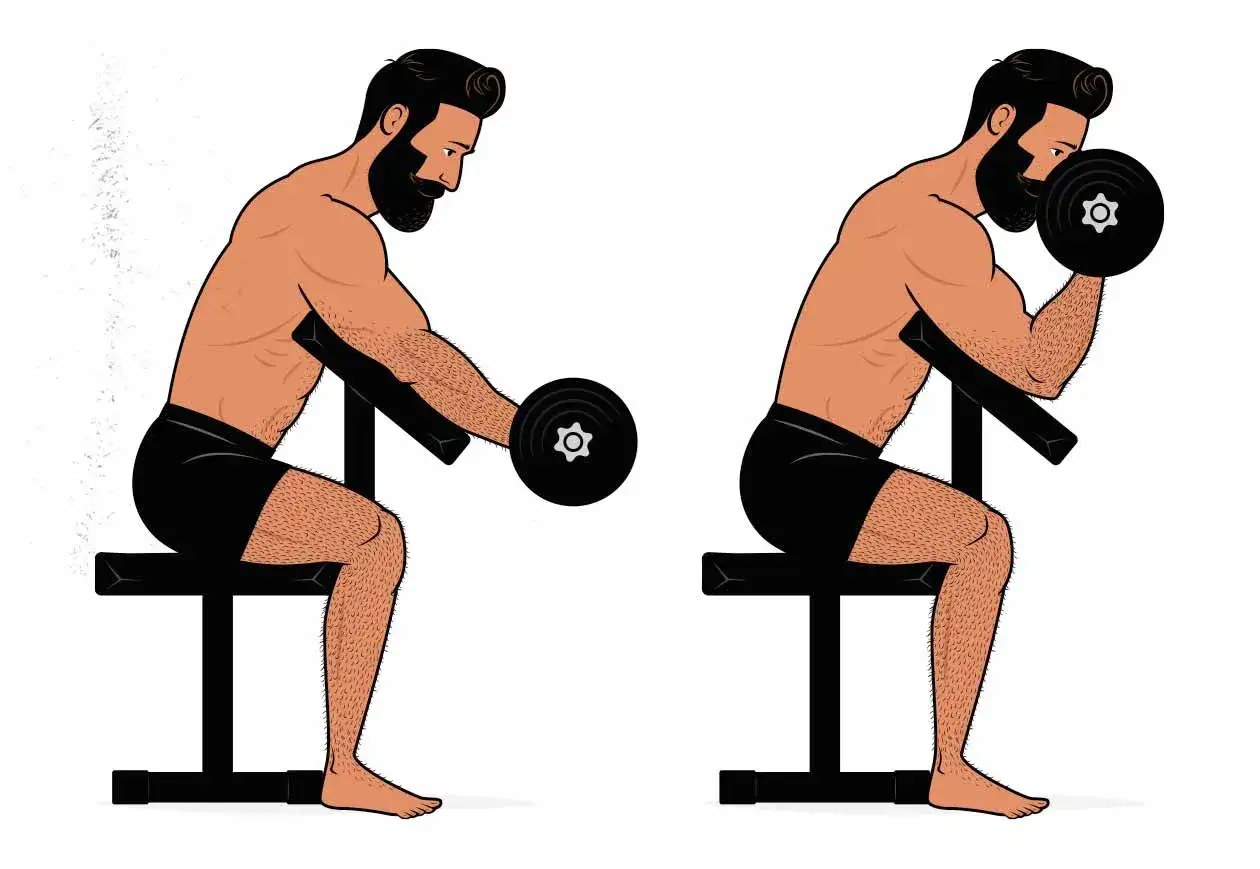 Hombre con barba realizando curl en banco Scott con barra. Dos fases del ejercicio: inicio y contracci&oacute;n.