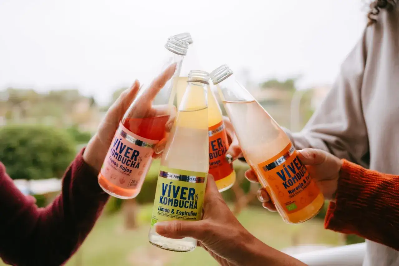 Manos brindan con botellas de kombucha Viver. Descubre para qué es bueno la kombucha: refrescante y probiótico.