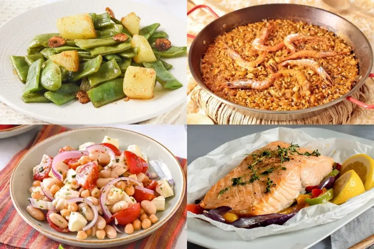 Cuatro platos deliciosos: judías verdes con patatas, paella de marisco, ensalada de legumbres y salmón al horno. Todos son excelentes alimentos desinflamatorios.