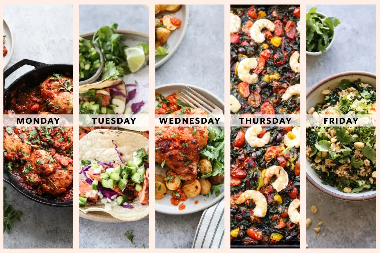 Men&uacute; semanal de comidas bajas en fodmap: pollo en salsa, tacos de salm&oacute;n, pollo con patatas, gambas al horno y ensalada de arroz.
