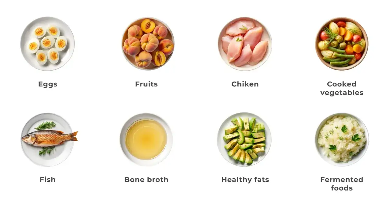 Huevos, frutas, pollo, verduras, pescado, caldo, aguacate y alimentos fermentados son opciones para una dieta deficit calorico.