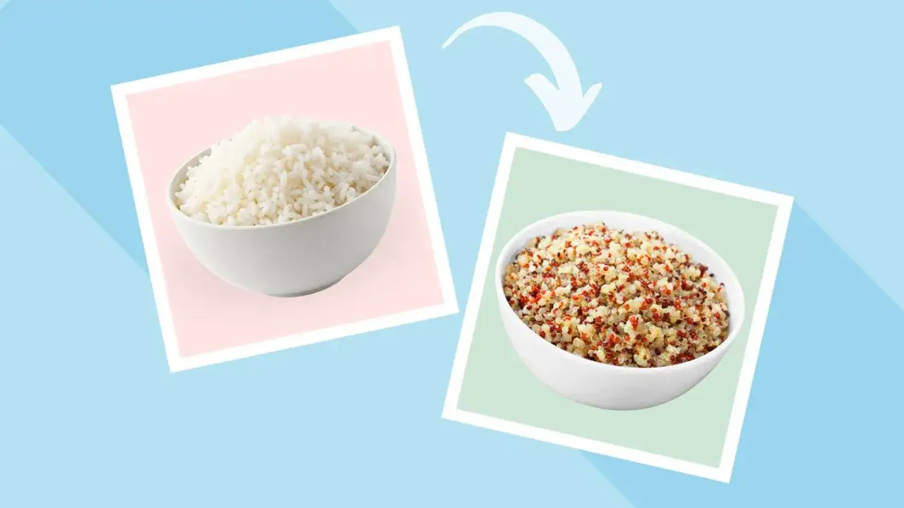 Un taz&oacute;n de arroz blanco, a menudo considerado carbohidratos que engordan, se compara con un taz&oacute;n de quinua colorida.