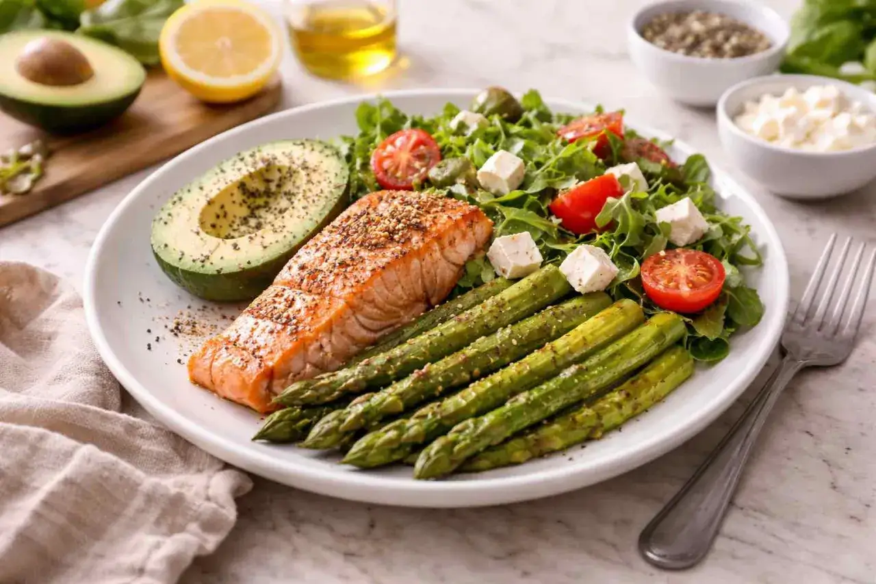 Salm&oacute;n a la plancha con esp&aacute;rragos, aguacate y ensalada de r&uacute;cula, tomate y queso feta. Un plato perfecto para tu men&uacute; dieta keto.