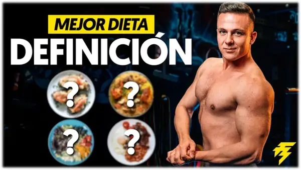 Hombre musculoso muestra platos de comida con signos de interrogación. El título dice "Mejor dieta definición".