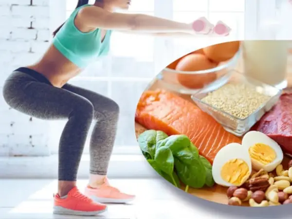 Rutina de ejercicios y alimentos para aumentar masa muscular en piernas y glúteos: salmón, huevos, carne, espinacas, frutos secos y quinoa.