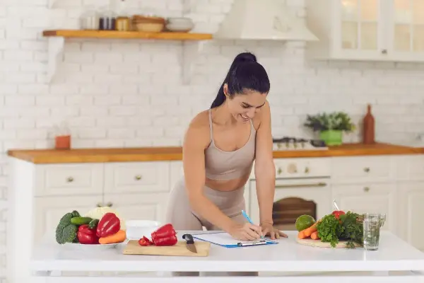 Mujer sonriente planifica su dieta vegetariana para deportistas en la cocina, rodeada de verduras frescas.