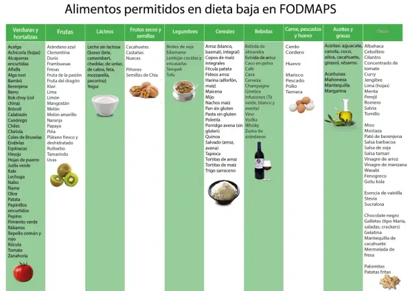 Dieta baja en FODMAPS: alimentos permitidos. Evita alimentos prohibidos como trigo, cebolla, ajo, lácteos con lactosa, miel, etc.