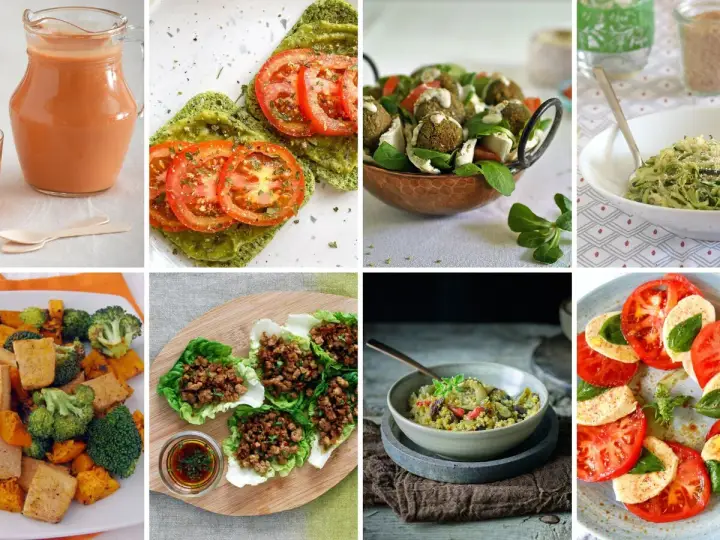 Variedad de comidas bajas en carbohidratos: gazpacho, tostadas de aguacate, falafel, pasta de calabacín, ensalada caprese, y más.