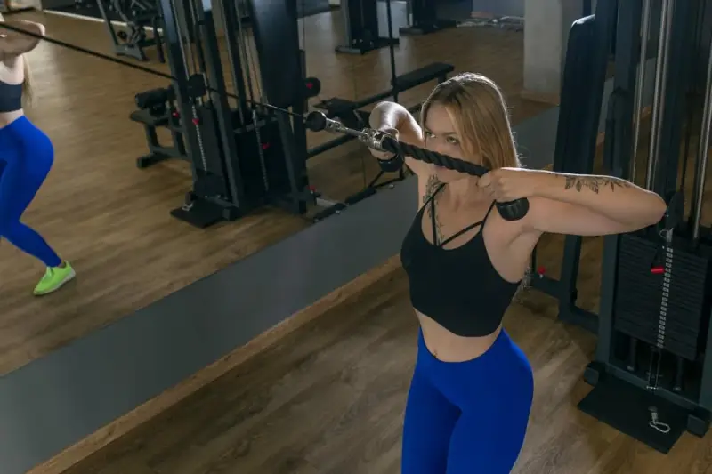 Mujer rubia realiza ejercicio face pull en polea alta, concentrada en su entrenamiento de hombros y espalda.